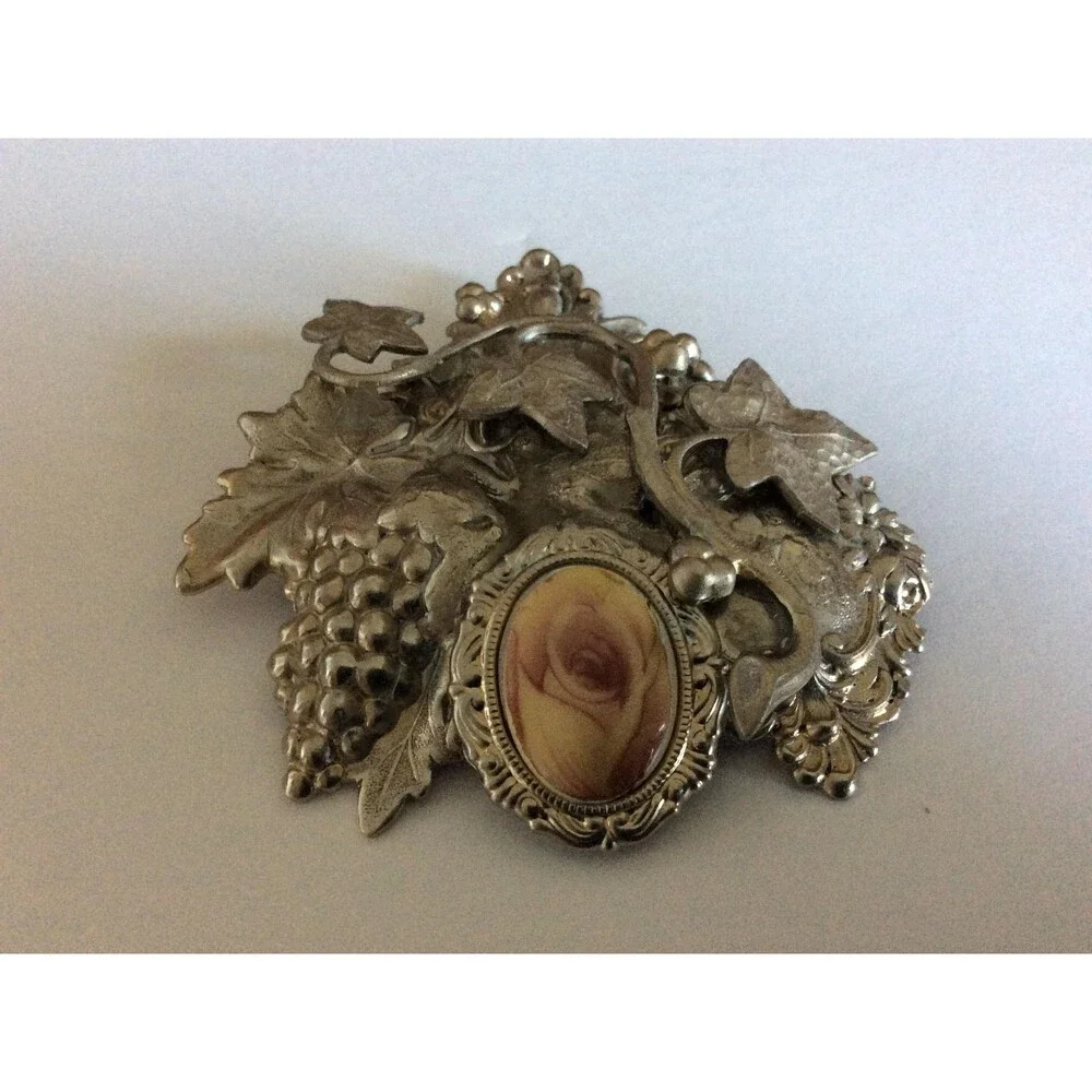 Vintage Silver tone 3D Rose Brooch Pendant